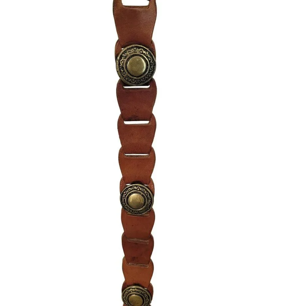 Vintage Amiee Lynn Leather Belt‎ M Brown Brass Square Buckle Medallion Country